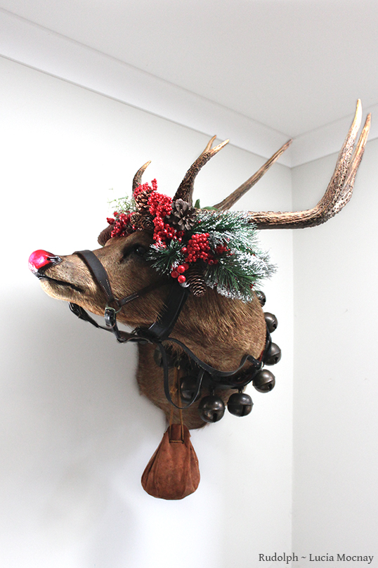 Rudolph the Red Nose Reindeer anthropomorphic taxidermy art by Lucia Mocnay